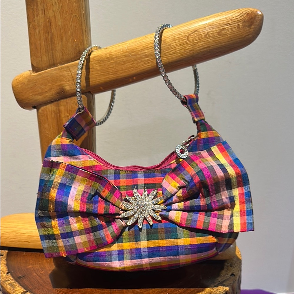 Designer Inge Christopher Vibrant Plaid Wrist Bag with Starburst Handles & Charm